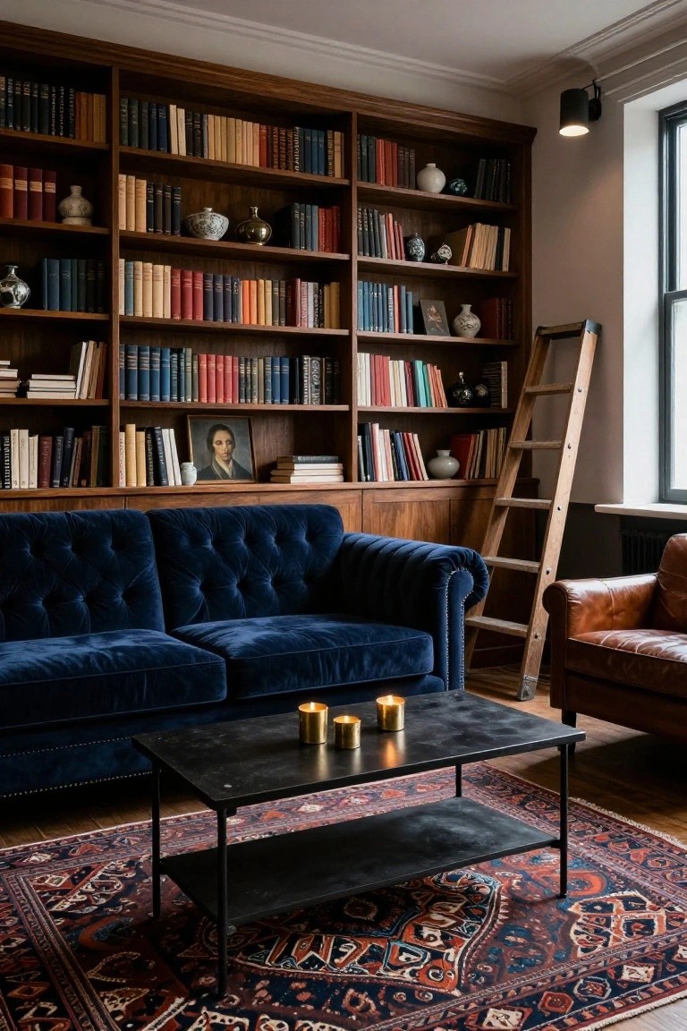 Wood-paneled library room with tall bookshelves, rolling wooden ladder, navy velvet tufted Chesterfield sofa, tan leather armchair, black metal coffee table with gold candles, and red Persian-style rug.