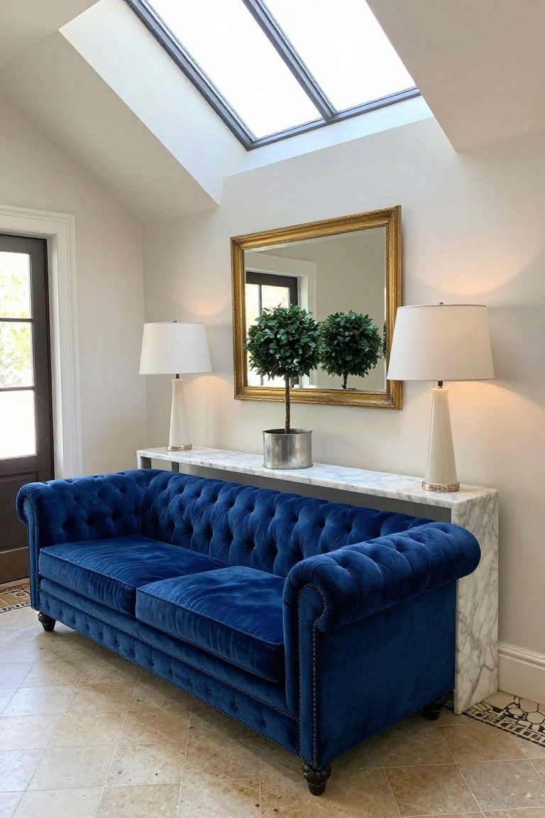 Entryway hall with royal blue velvet tufted Chesterfield sofa against white marble console table holding two potted topiary trees, flanked by white ceramic lamps and gold-framed mirror on pale wall, skylights overhead, light travertine floor.