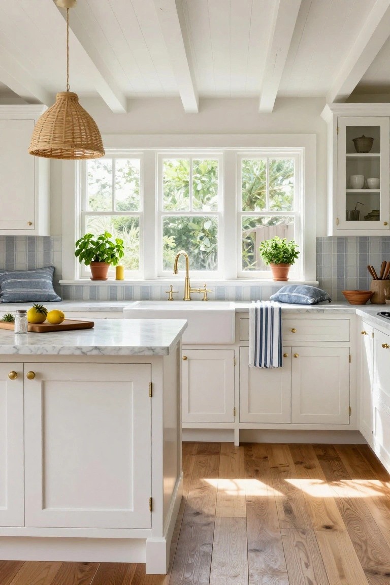 White shaker-style kitchen cabinets and island with marble countertop, blue and white subway tile backsplash behind farmhouse sink with brass faucet, large triple window, woven pendant light, wood plank flooring, and blue striped textiles.
