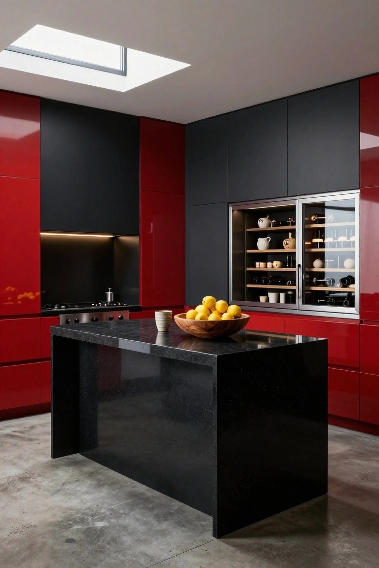 Modern kitchen interior with glossy red cabinets, black stone island holding a wooden bowl of lemons, glass-fronted wine storage, and polished concrete floor under a skylight.
