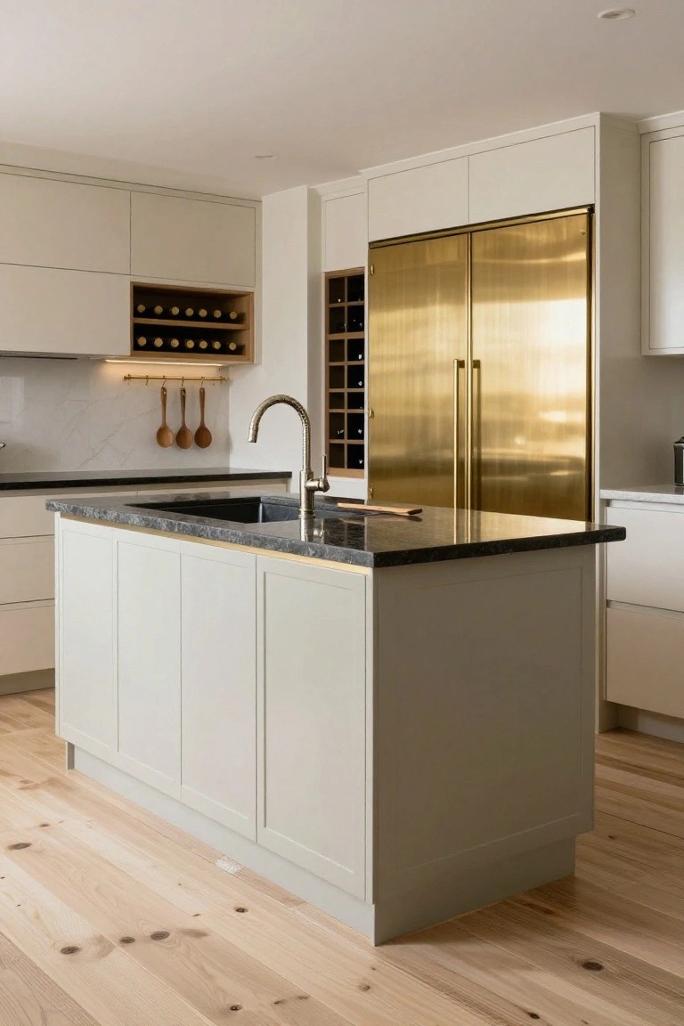 Modern kitchen with off-white cabinets, black granite island topped with brass edging, gold French door refrigerator, brass faucet over sink, wood wine rack, and light oak floors.