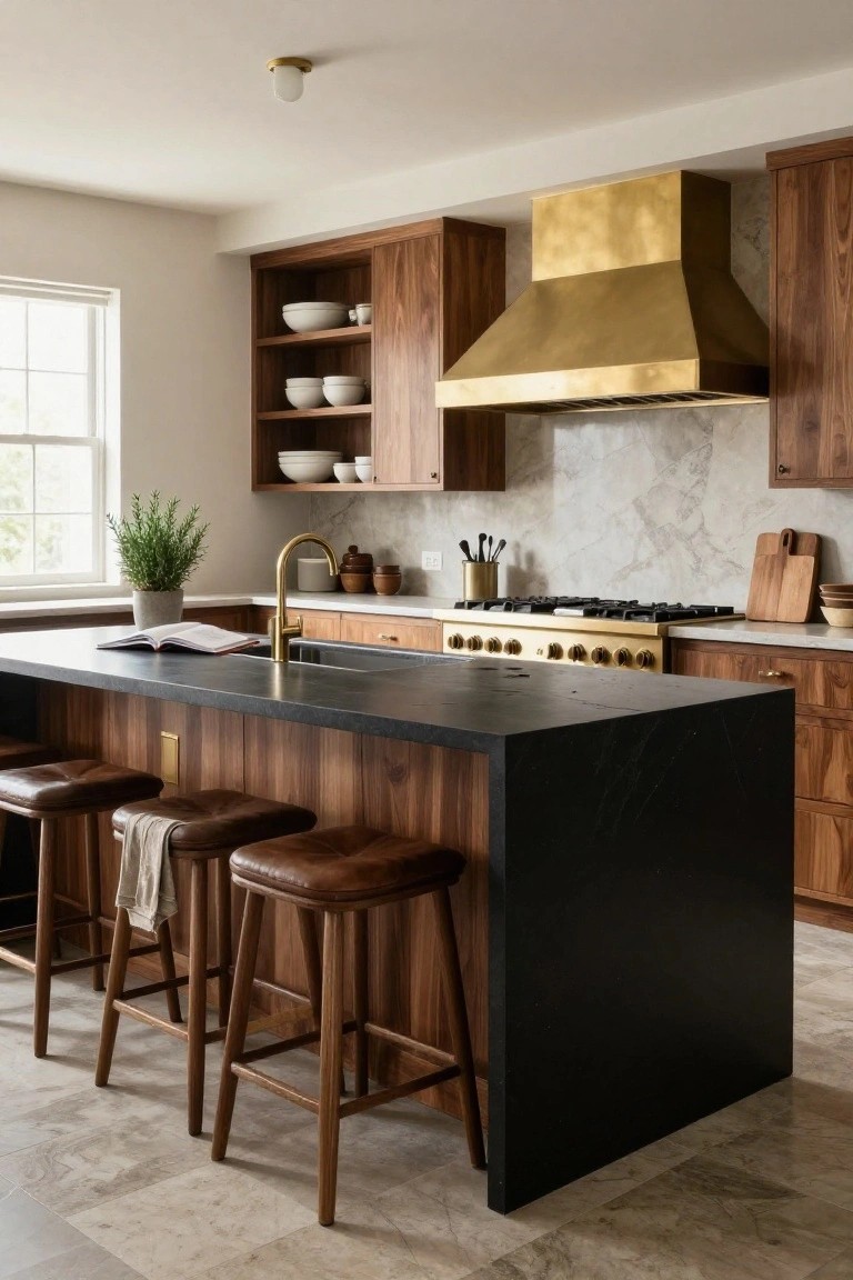 Luxury kitchen interior with walnut cabinets, black stone island topped with open book and leather stools, prominent curved brass range hood over gold professional range, gold faucet, and marble backsplash.