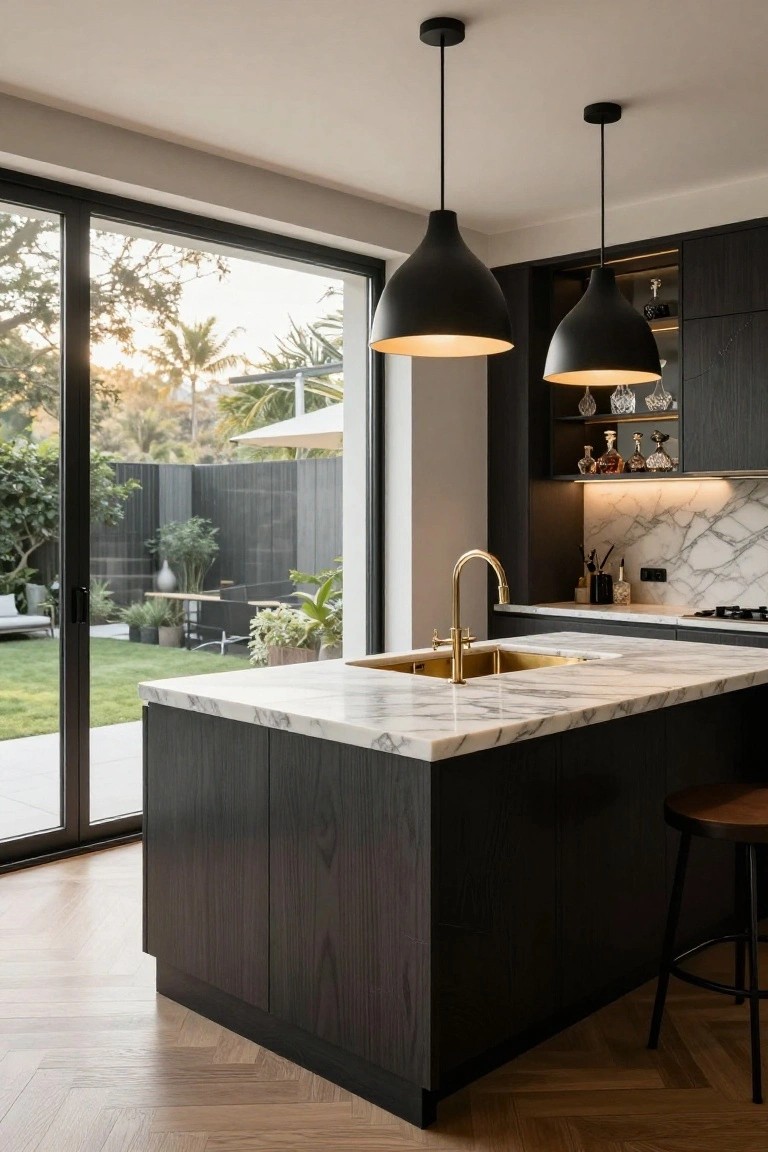 Modern kitchen interior with dark wood cabinets, white veined marble countertops and island, gold gooseneck faucet, two black conical pendant lights, and large sliding glass doors overlooking a green backyard with trees and furniture.