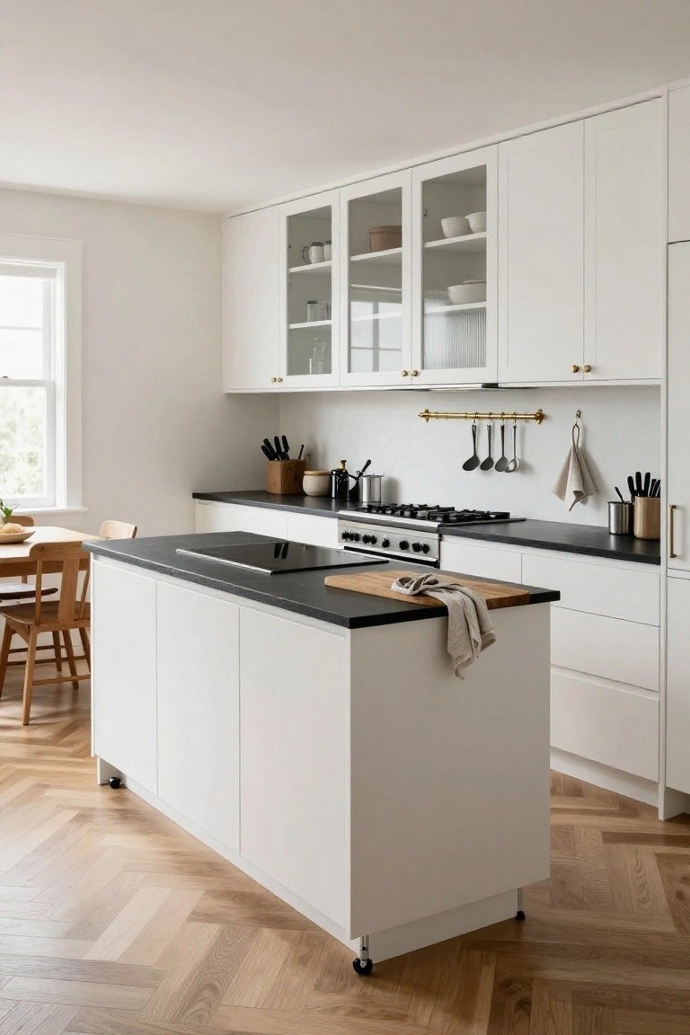 Modern white kitchen with black countertops, central white island on casters, brass hanging rail with utensils, glass-front upper cabinets, and herringbone wood flooring.