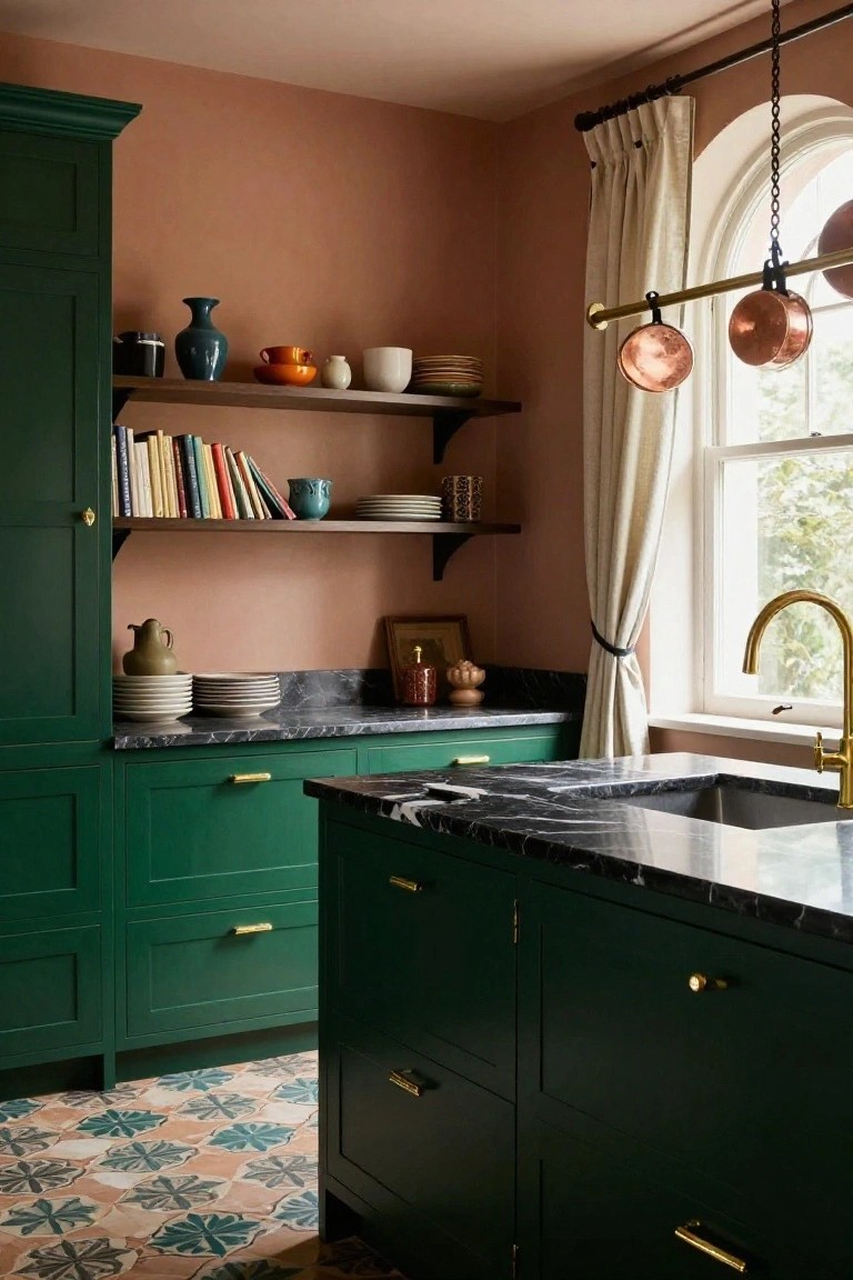 Kitchen interior with dark green painted cabinetry, black marble countertops and sink, brass hardware, open wooden shelves holding ceramics and books, gold faucet at window sink, and colorful terracotta tile floor.