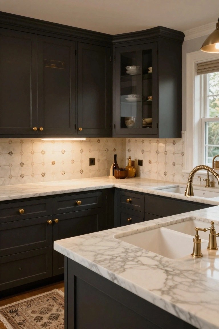 Corner view of a kitchen featuring black cabinets with brass hardware, white marble countertops, a white farmhouse sink with brass faucet, and a light-colored patterned tile backsplash.