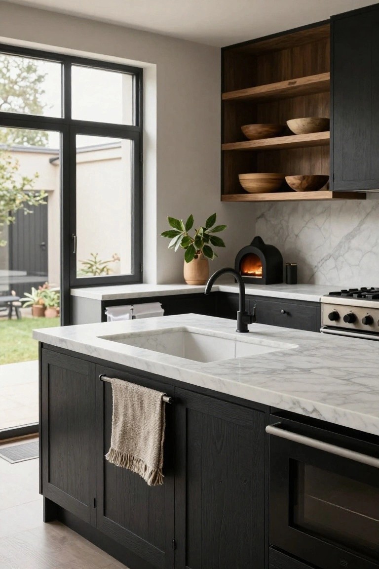 Contemporary kitchen with dark wood cabinets, white marble countertops and backsplash, black gooseneck faucet over a white farmhouse sink, wood shelves with bowls, and large glass doors to a garden.