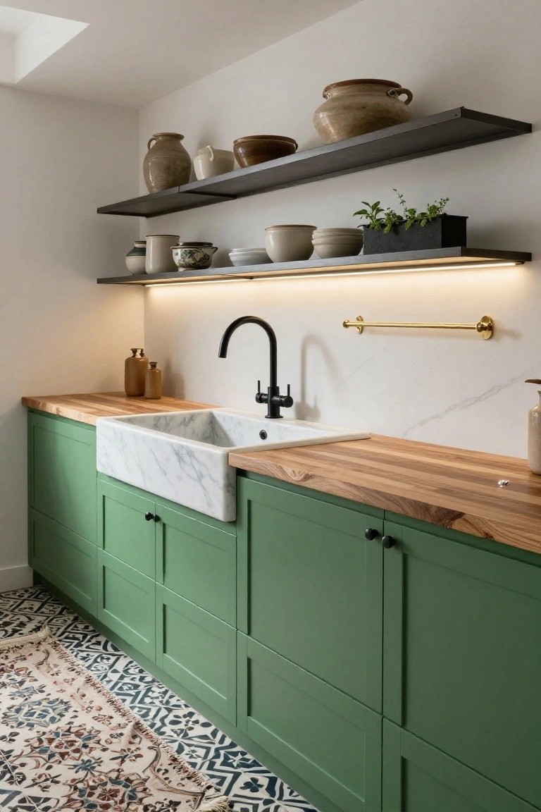 Kitchen with emerald green lower cabinets, white marble apron-front sink, light wood countertop, black metal open shelves holding pottery, brass faucet and towel bar, white walls, and patterned floor tiles.