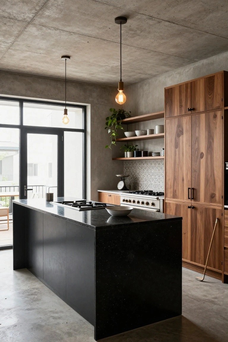 Modern kitchen interior with exposed concrete ceiling, walnut wood cabinets and shelving, black stone island countertop, gas cooktop, white range oven, plants, dishes on open shelves, and large glass doors to outdoor patio.