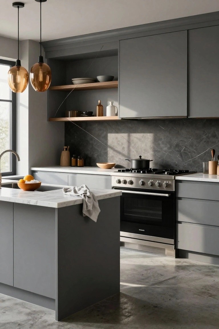 Modern kitchen interior with matte gray flat-panel cabinets, white marble countertops and island, black geometric tile backsplash, wood open shelves, amber glass pendant lights, and a gas range.