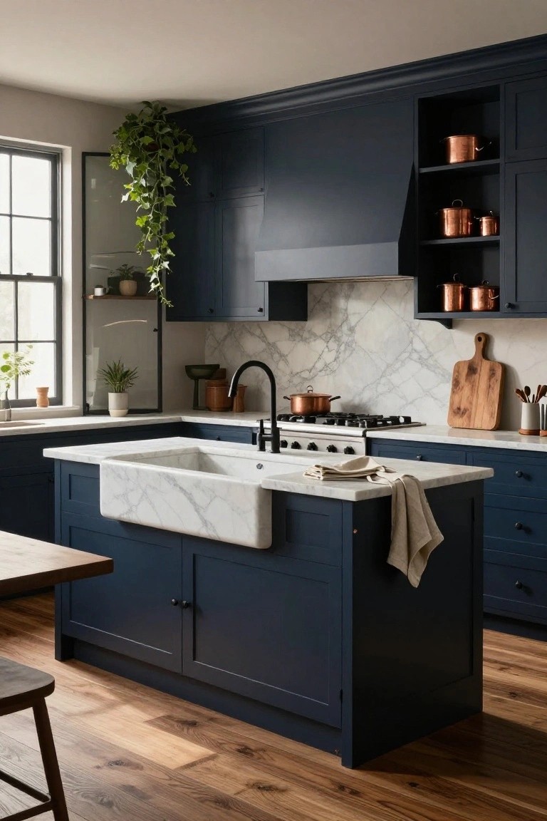 Kitchen with navy blue cabinets, white marble counters and farmhouse sink in island, marble backsplash, copper pots on shelves, wooden cutting board, and stool on hardwood floor.