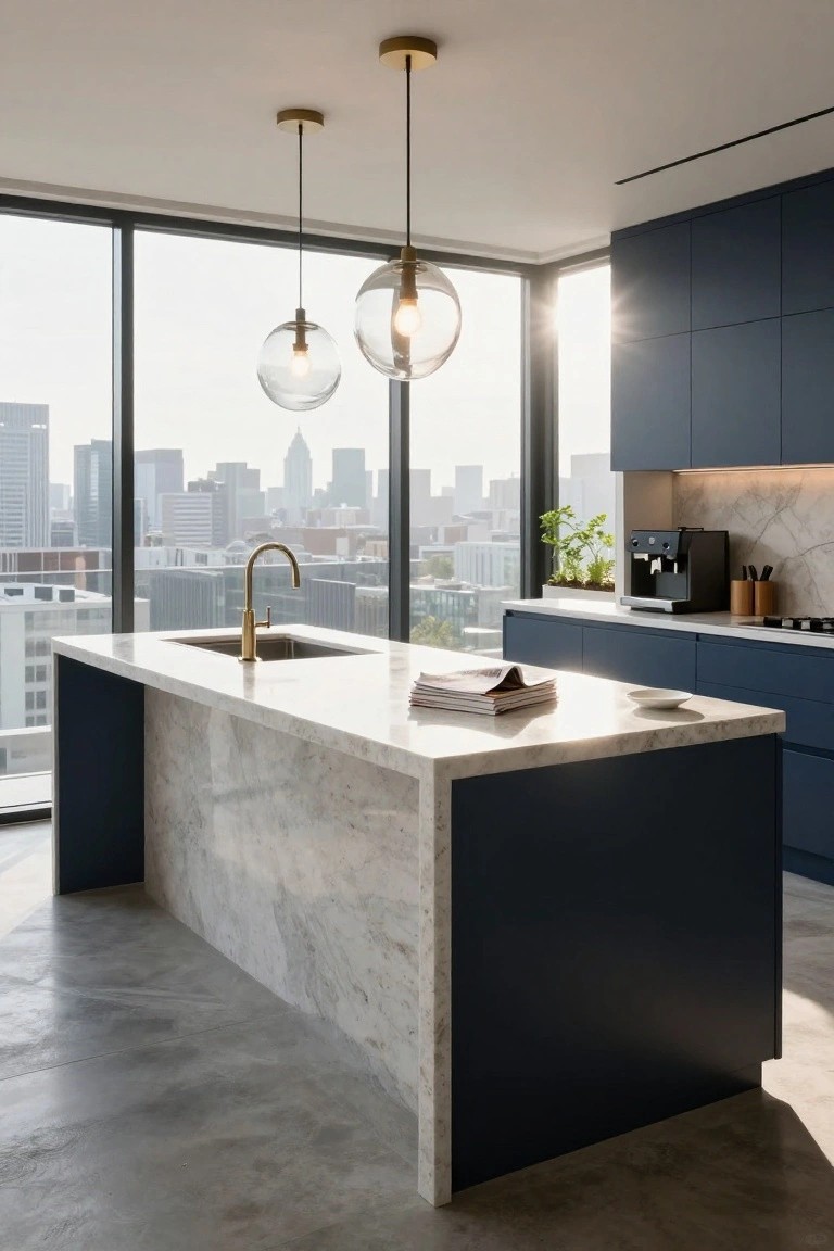 Modern kitchen interior with deep navy blue cabinets, white veined marble waterfall island, brass gooseneck faucet, two glass globe pendant lights hanging above, built-in coffee machine, and city skyline visible through corner floor-to-ceiling windows.