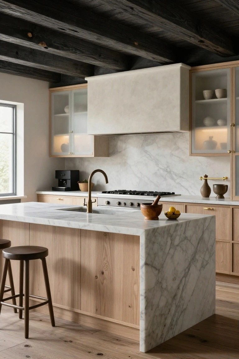 Side view of a kitchen with light oak cabinets, white veined marble island countertop and backsplash, two brown wood bar stools, brass faucet in the sink, gas range, and exposed dark wooden ceiling beams.