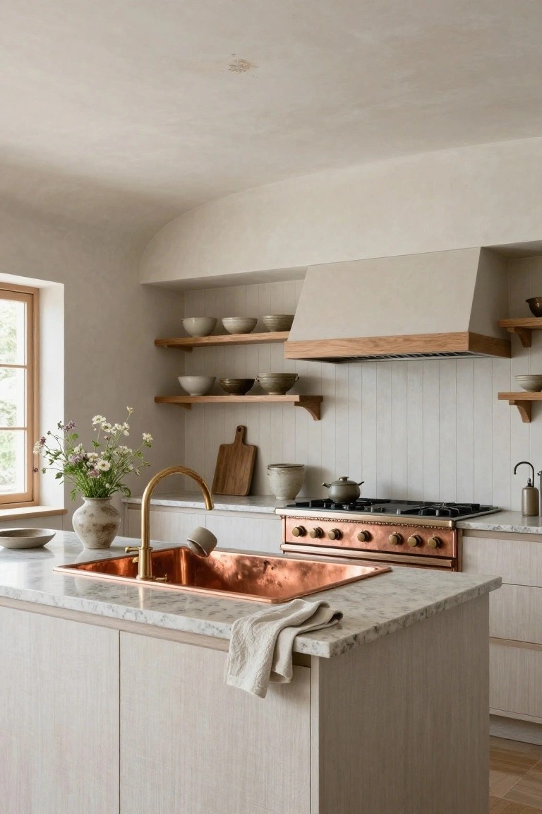 A light-toned kitchen with white cabinets, marble island countertop featuring a copper sink and gold faucet, copper range cooker, wood open shelves holding ceramic bowls, beige walls with paneling, and a window nearby.