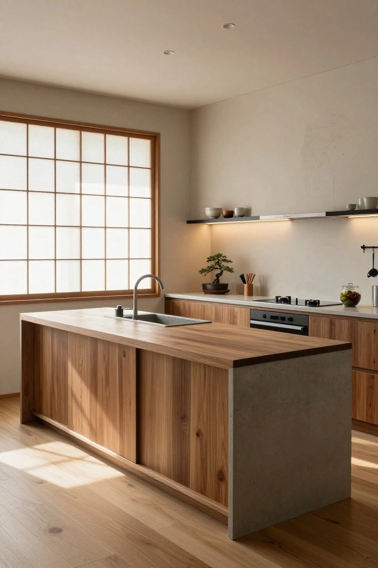 Modern kitchen interior with central wooden island featuring sliding doors and concrete countertop, stainless steel sink, adjacent shoji window, bonsai plant, and warm wood cabinetry.