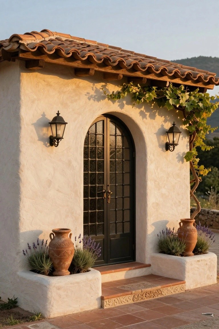 A small stucco building with terracotta tile roof features a black metal arched door with glass panels, flanked by lanterns and terracotta pots with lavender plants on raised planters, with steps leading up to the door and grapevines on the wall.