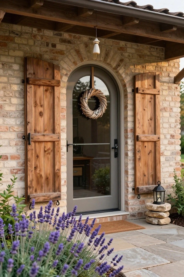 Arched gray glass front door with wooden shutters on beige brick walls, a wheat wreath hanging on the door, purple lavender plants in front, and a black lantern on stacked stones next to a stone pathway.