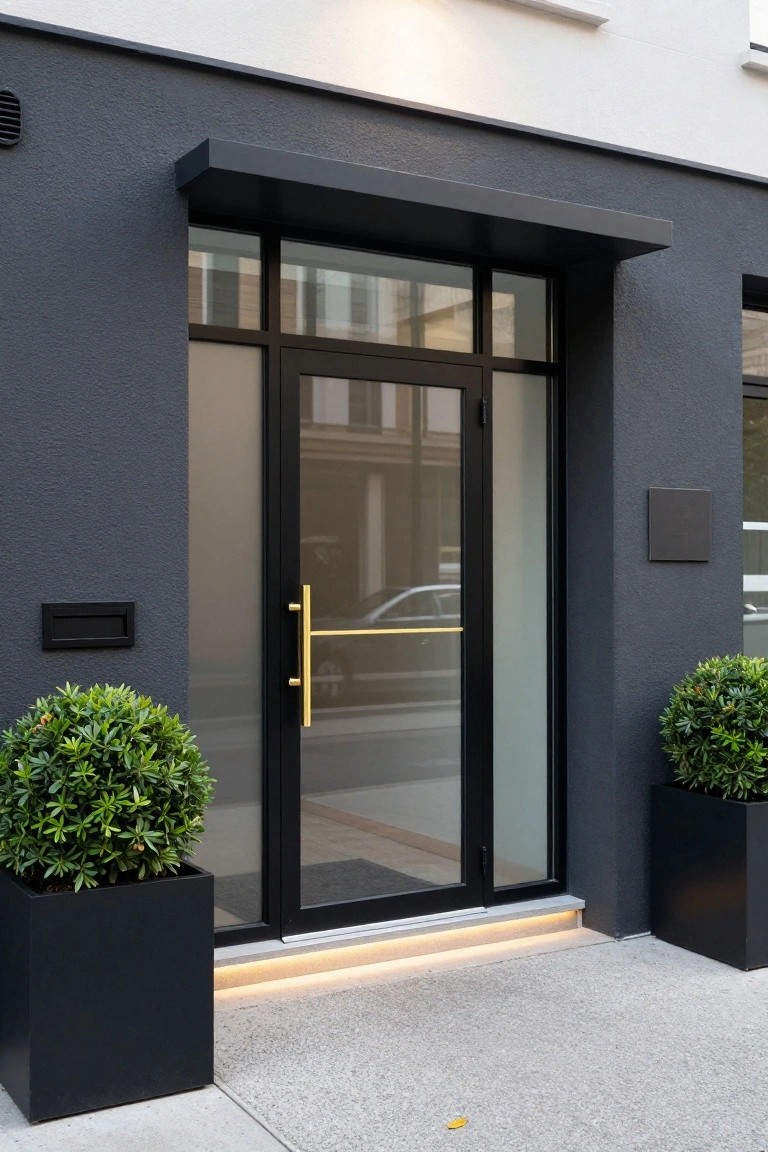 Modern house entrance with a tall glass door in slim black frame and gold bar handles, flanked by two black square planters with trimmed boxwood shrubs, against dark gray stucco wall and concrete path.