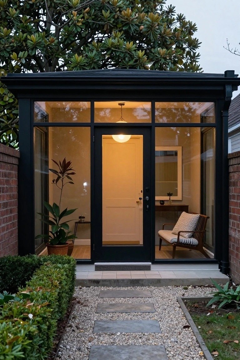 Small glass-walled pavilion entrance with black metal framing against brick walls, yellow interior door lit by a ceiling fixture, plants inside and out, stone path leading up at dusk.