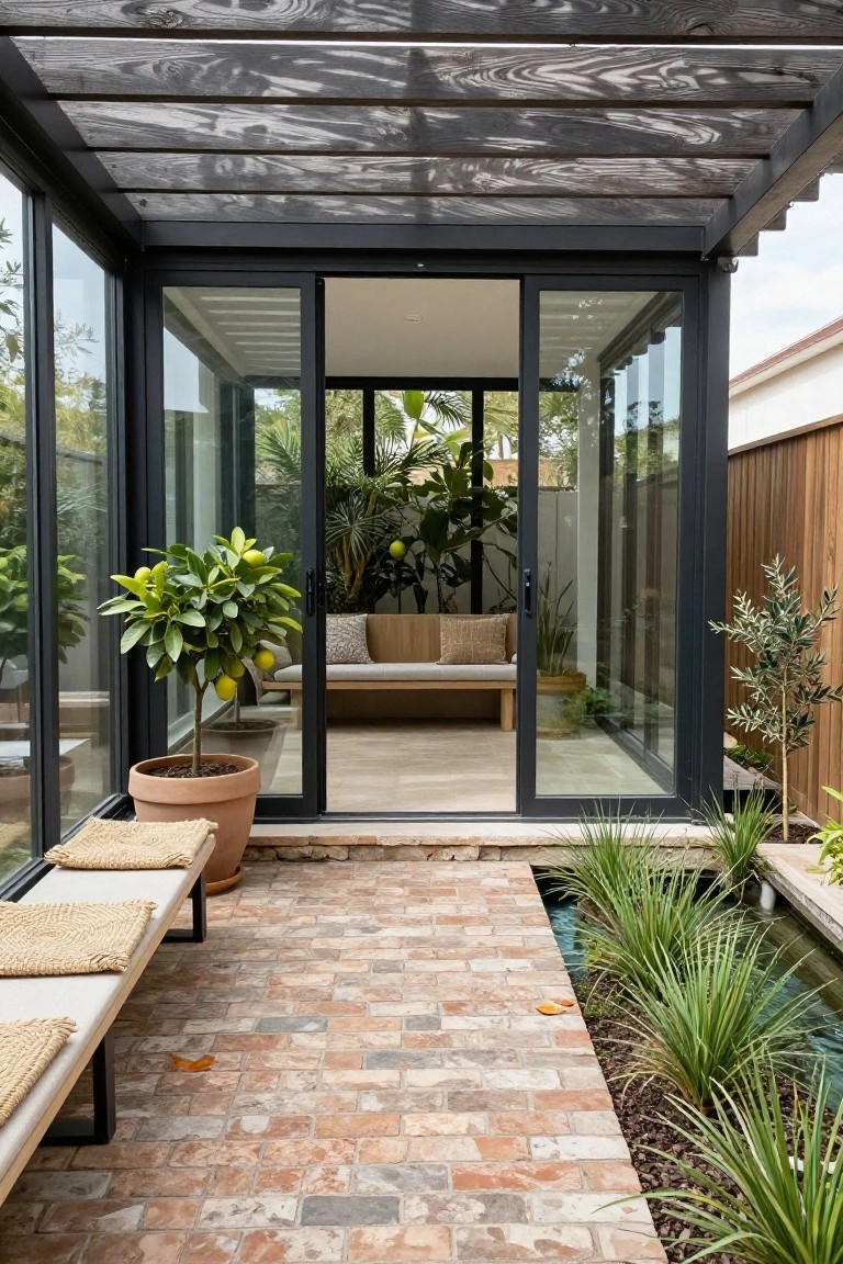 Outdoor brick paver pathway lined with built-in benches, potted lemon tree, strappy grasses, and a narrow water channel leading to black metal-framed glass sliding doors that open to an interior space with potted plants and cushioned seating.
