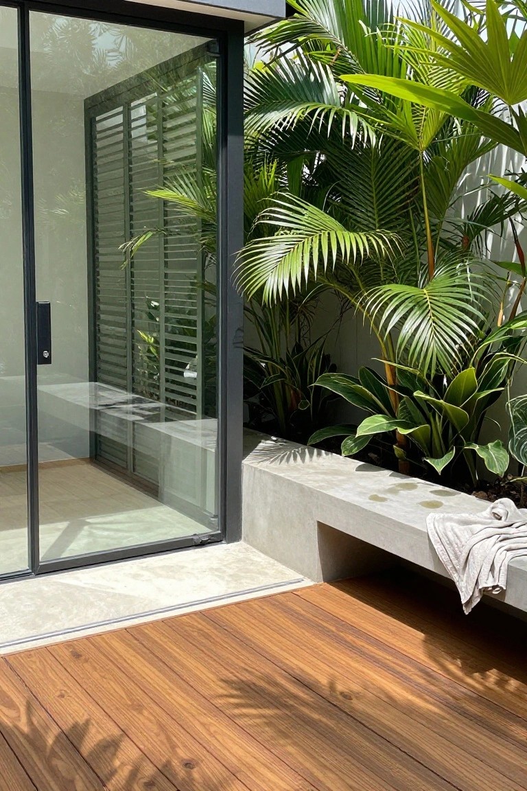 Black-framed sliding glass doors on a white interior wall opening to a wooden deck terrace, surrounded by lush tropical plants including palms, with a low concrete bench along the landscaped edge and a white towel draped over it.