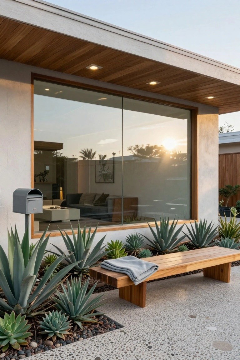 Modern stucco house exterior with wooden overhang, large floor-to-ceiling glass window reflecting sunset, agave plants in gravel beds, gray mailbox, and wooden bench with blanket on pebble patio.