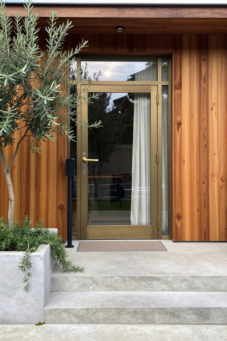 Front entrance of a house with vertical cedar wood siding, a tall clear glass door with brass handle and lock, an olive tree and potted rosemary plant to the left, beige doormat, and concrete steps.