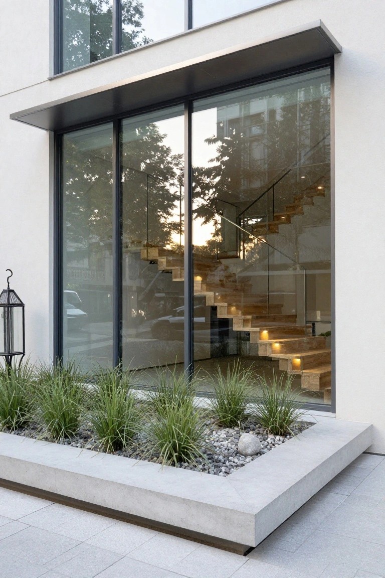 Glass Entrance Showcasing Indoor Stairs