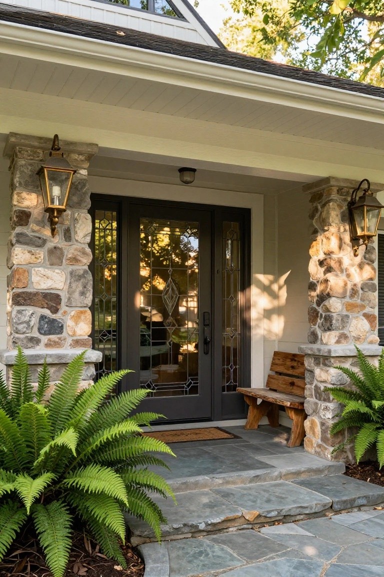 Front porch entrance of a house with tall stone pillars holding lanterns, a dark-framed glass door with decorative panes, wooden bench, large ferns on both sides, and gray stone steps.
