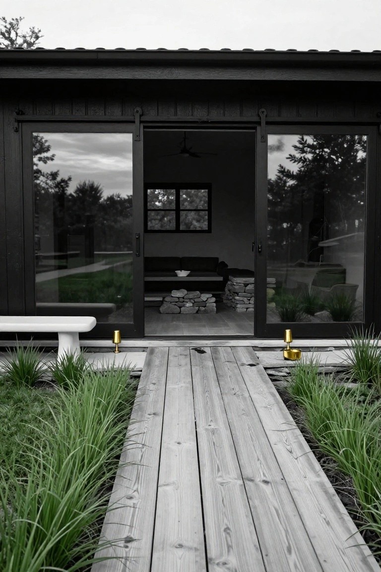 Black wooden house exterior with large open sliding glass doors revealing interior, approached by a straight wooden boardwalk path edged by tall grasses, white bench and gold lamps flanking the path end.