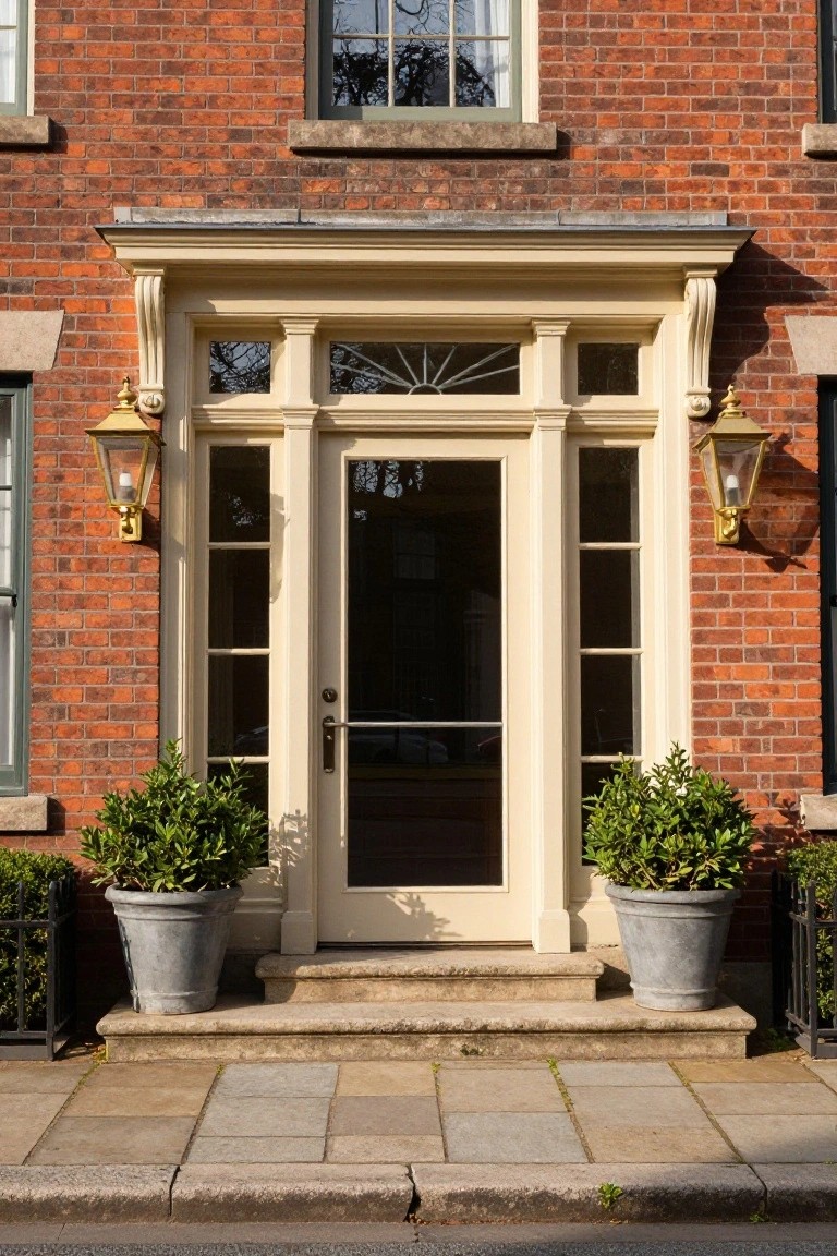 Red brick house facade with cream-colored wood-framed glass front door featuring sidelights and transom window, flanked by matching gold lanterns and potted boxwood shrubs on stone entry steps.
