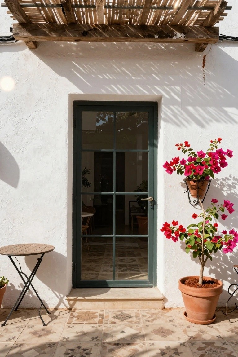 White stucco wall with tall green metal-framed glass door, red bougainvillea in hanging basket and terracotta pot beside it, small round wooden table on patterned terracotta tile patio under bamboo pergola.