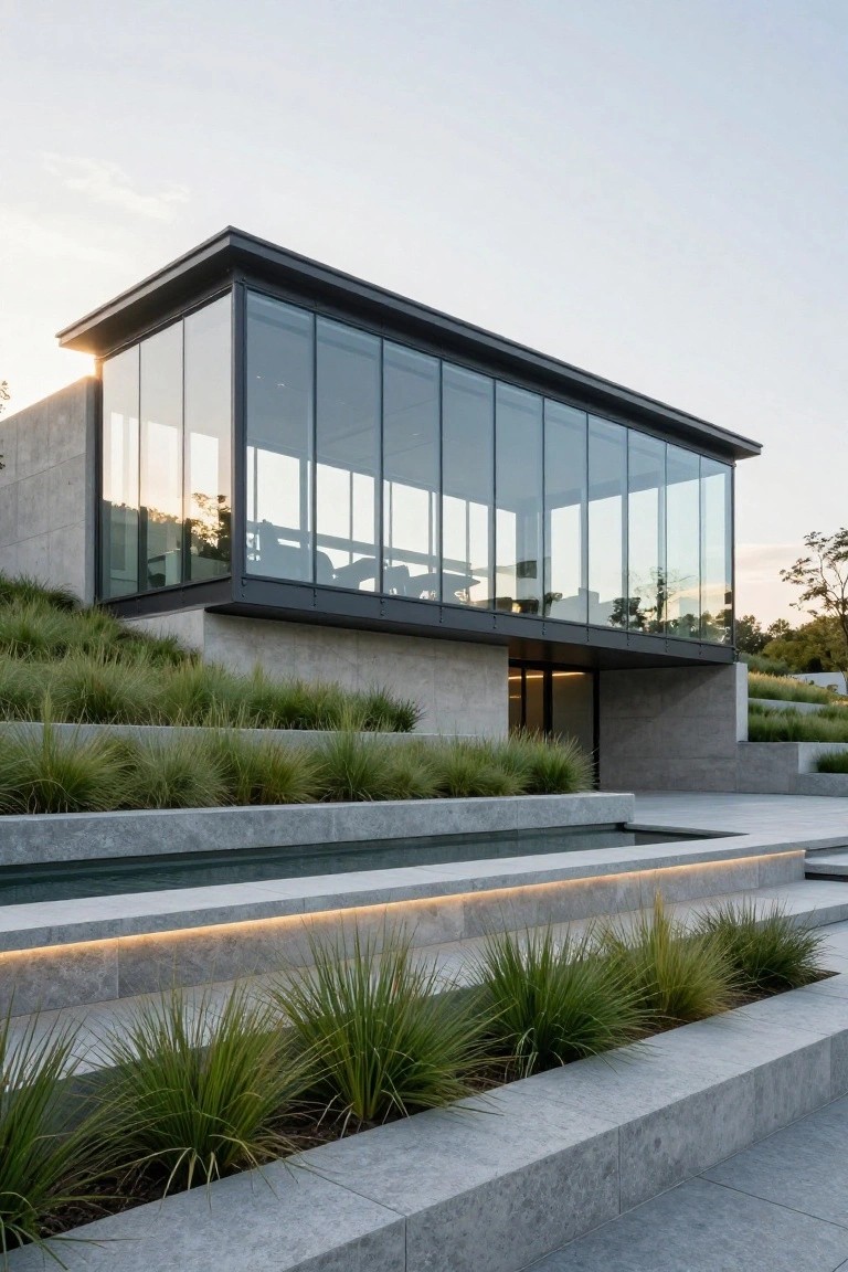 Modern concrete house with cantilevered glass-walled entrance elevated above tiered gray stone steps, a narrow reflecting pool, and planted grasses on a sloped site.