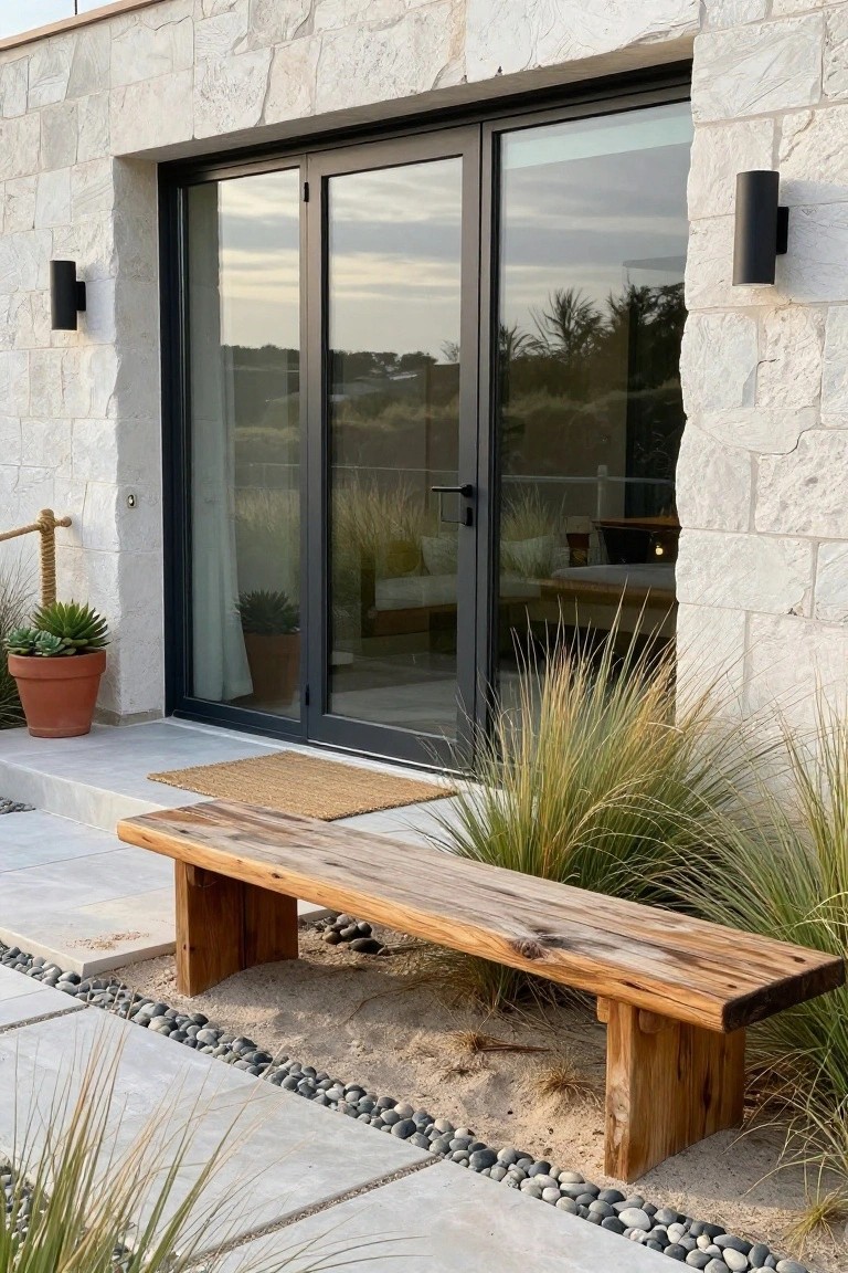 Exterior view of a beige stone wall with large black-framed sliding glass doors, flanked by black wall lights, a wooden bench on a gravel area, potted plants, and grasses nearby.