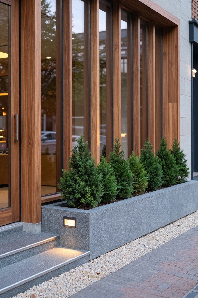 Exterior of a modern building entrance with tall wooden-framed glass doors and panels, a long concrete planter box filled with five upright cypress trees, granite steps with integrated lighting, gravel mulch, and brick paver walkway.