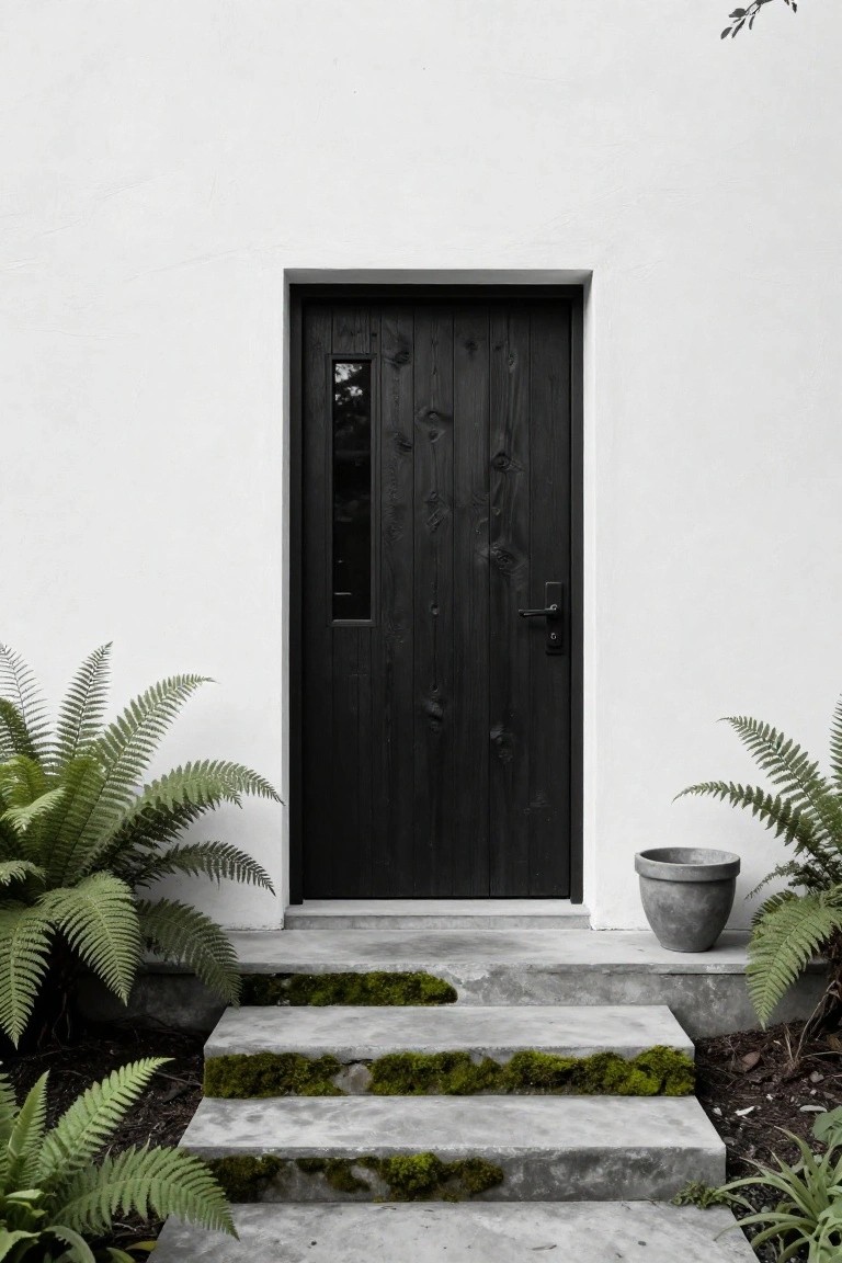 Black wooden front door with vertical planks and narrow window on a white exterior wall, flanked by potted ferns, moss-covered concrete steps leading up, and greenery at the base.