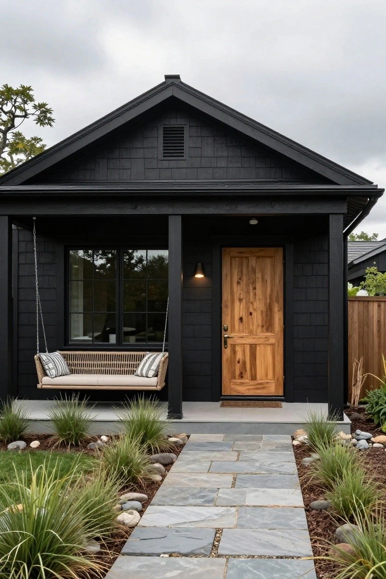Front exterior of a small black shingled house with gabled roof, wooden front door, hanging porch swing, wall lantern, and stone pathway edged by grasses and rocks.