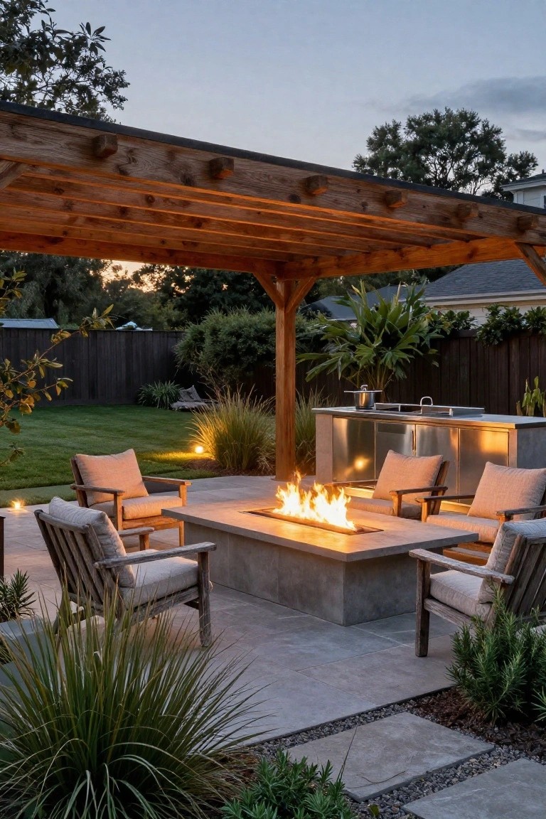Wooden pergola-covered patio with linear gas fire pit table, four cushioned lounge chairs, stainless steel outdoor kitchen, paver flooring, grasses, and garden backdrop at dusk.