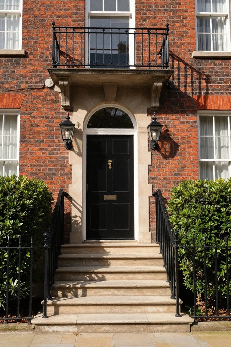 Red brick townhouse facade featuring a tall arched black front door with brass knocker, flanked by stone lanterns, wrought iron railings, stone steps, and boxwood shrubs.