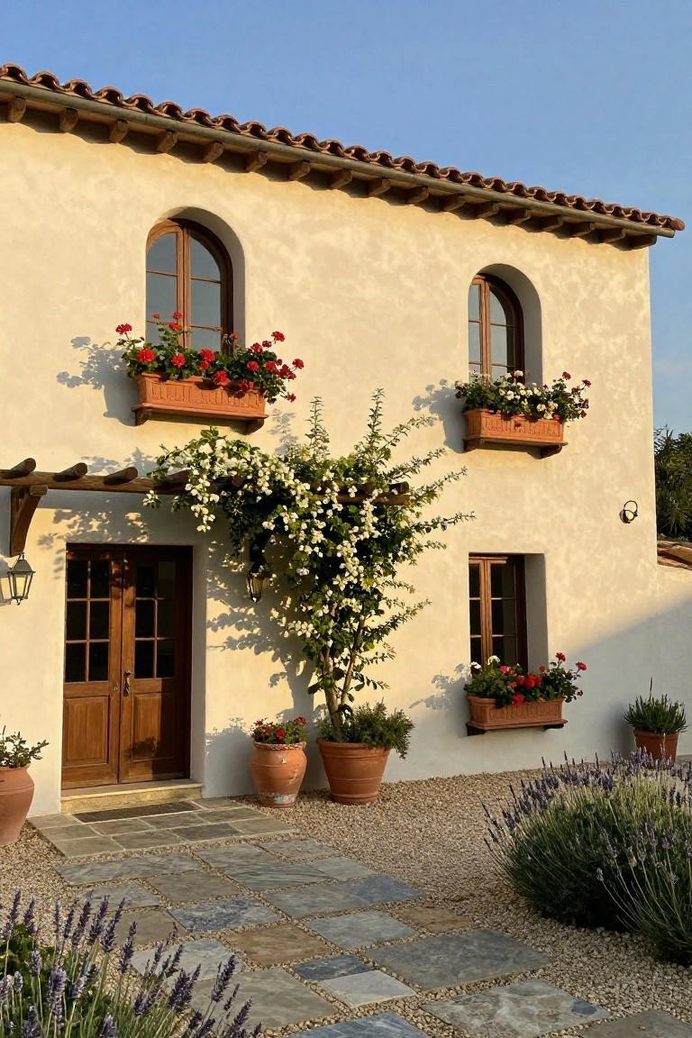 Beige stucco house exterior with red tile roof, arched wooden windows and flower boxes with red geraniums, white climbing vines on wooden beams over a double wooden door entryway, potted plants, lavender bushes along a stone pathway on gravel ground.