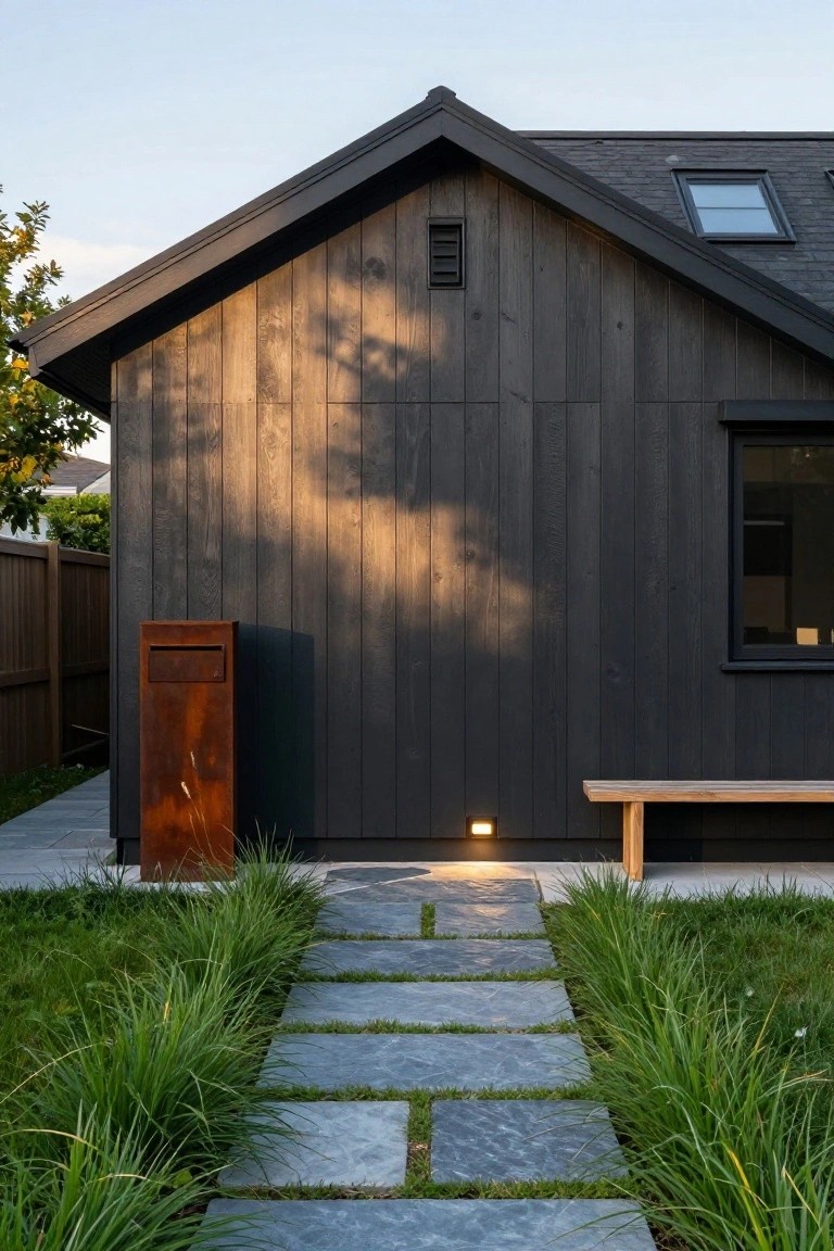 Side view of a modern gabled house with dark vertical timber cladding, a skylight on the roof, small window, rusty metal mailbox, wooden bench, and stone slab pathway through tall grasses in a yard.