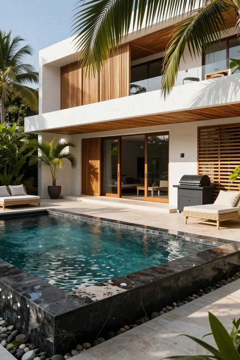 Modern white house with wooden slats and overhanging roof above a turquoise pool edged in black stone, featuring rattan loungers, a barbecue grill, and palm trees on a light tiled terrace.