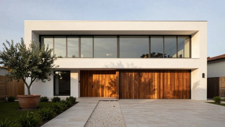 23 Beautiful Simple Luxury House Designs For Effortless Style Modern house exterior with white stucco walls, vertical wooden garage door, black-framed window, stone paver pathway edged in gravel, potted olive tree, boxwood shrubs, and grass lawn.