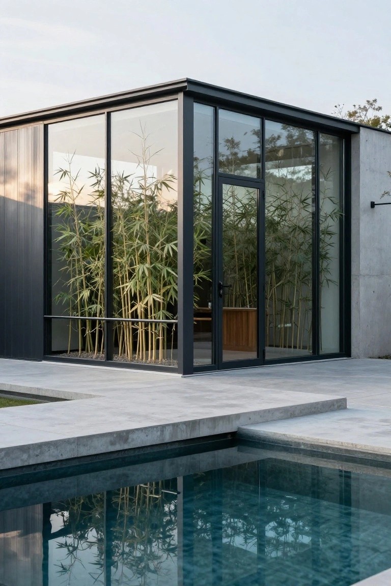 Modern black-framed glass house beside a calm reflecting pool.