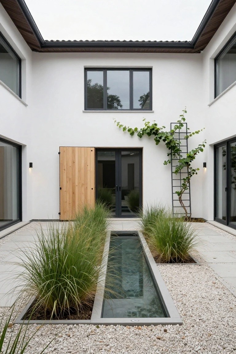 White modern house surrounds a courtyard with a central linear water channel flanked by tall ornamental grasses in concrete planters, gravel borders, a wooden sliding door entry, black-framed windows, and a vine-covered metal ladder trellis.