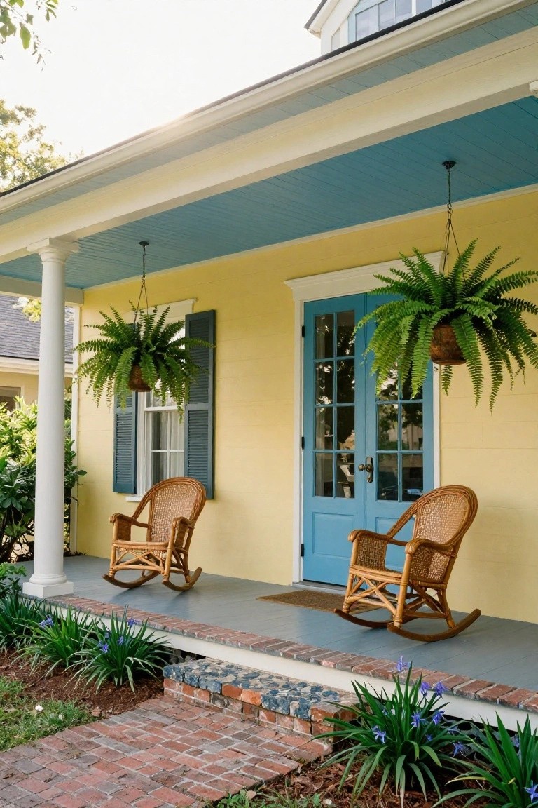 A yellow house with blue porch ceiling and front door flanked by white columns, two wicker rocking chairs on the porch, hanging ferns, and agapanthus plants along the brick path.