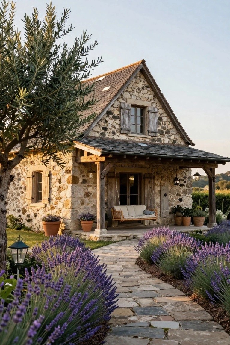 Small stone cottage with slate roof, wooden porch featuring a hanging swing and lanterns, surrounded by lavender borders, potted plants, and an olive tree along a stone path.