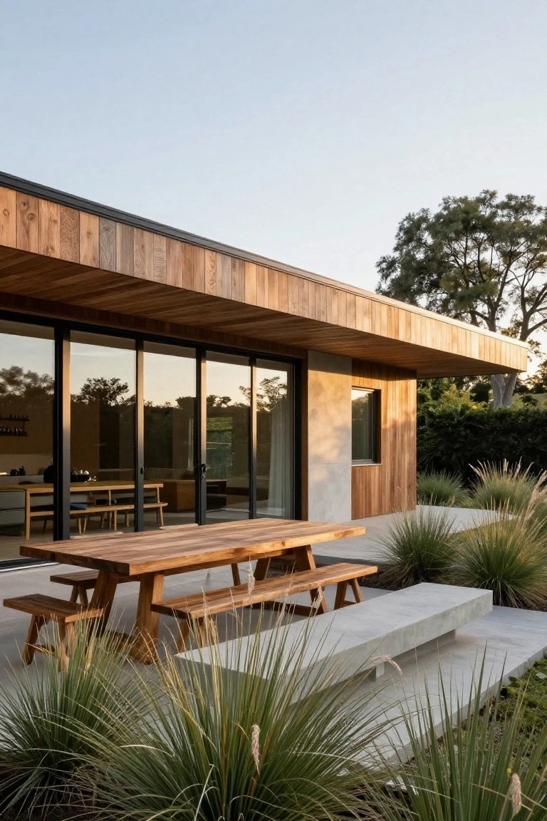 Modern house exterior with vertical wooden cladding, black metal roof overhang, and large sliding glass doors opening to a concrete terrace with long rectangular wooden dining table, benches, stools, and surrounding tall ornamental grasses.