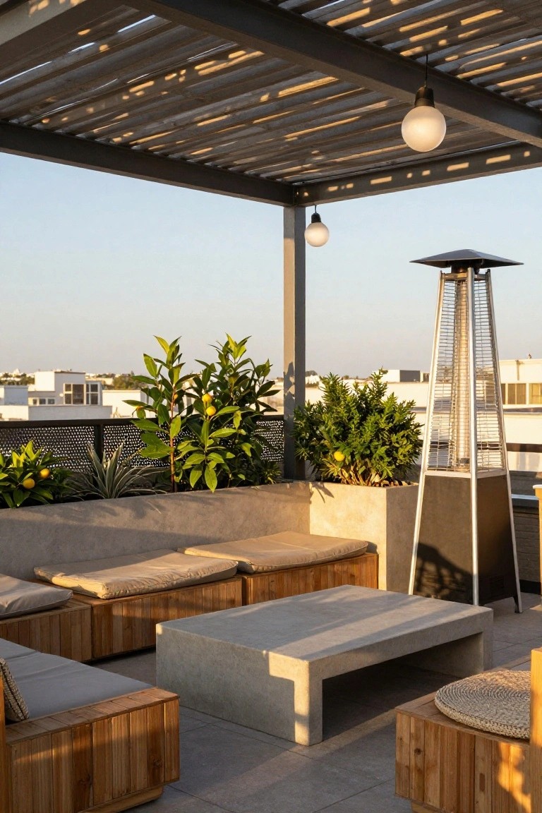 Rooftop terrace with wooden benches, beige cushions, rectangular concrete coffee table, potted plants including citrus trees, tower heater, and slatted metal pergola overhead against urban skyline.