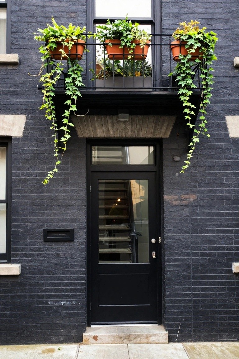 Black brick townhouse facade with trailing ivy vines cascading from upper balconies and potted plants in orange terracotta pots on metal railings above a black glass-paneled front door and concrete steps.